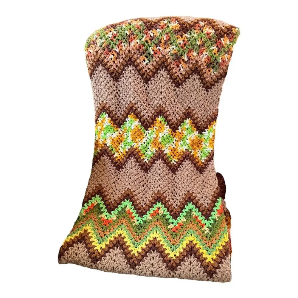 Handmade Afghan Retro Crochet Blanket‎ Chevron Brown Green 70s Style VTG 45